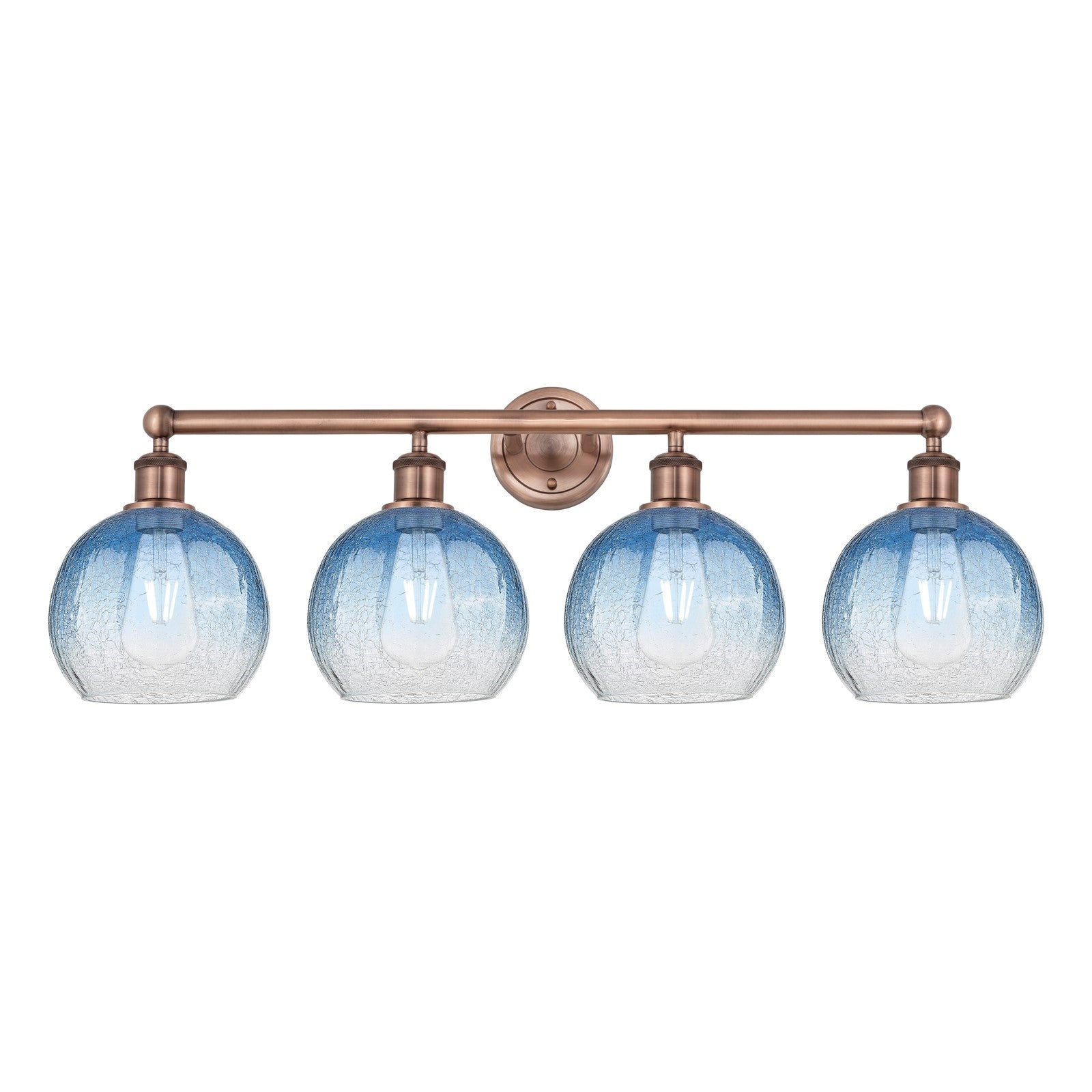 Innovations Brookhaven Globe 35in 4-Light Bath Vanity Light | Industrial Antique Copper and Sapphire Blue Glass | Bathroom | Model 616-4W-AC-G483-8SB