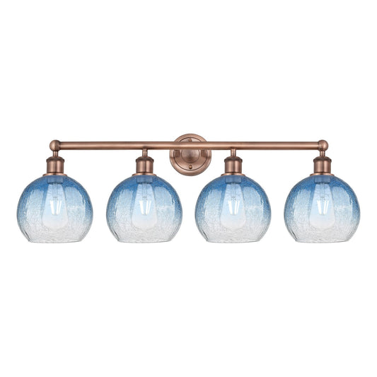 Innovations Brookhaven Globe 35in 4-Light Bath Vanity Light | Industrial Antique Copper and Sapphire Blue Glass | Bathroom | Model 616-4W-AC-G483-8SB