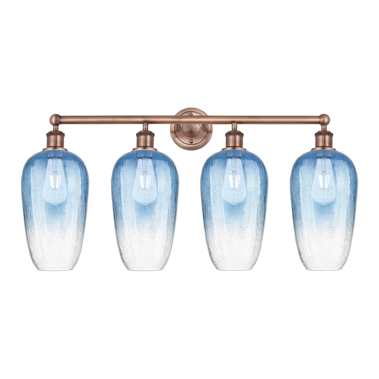Innovations Brookhaven Flute 34in 4-Light Bath Vanity Light | Industrial Antique Copper and Sapphire Blue Glass | Bathroom | Model 616-4W-AC-G484-7SB