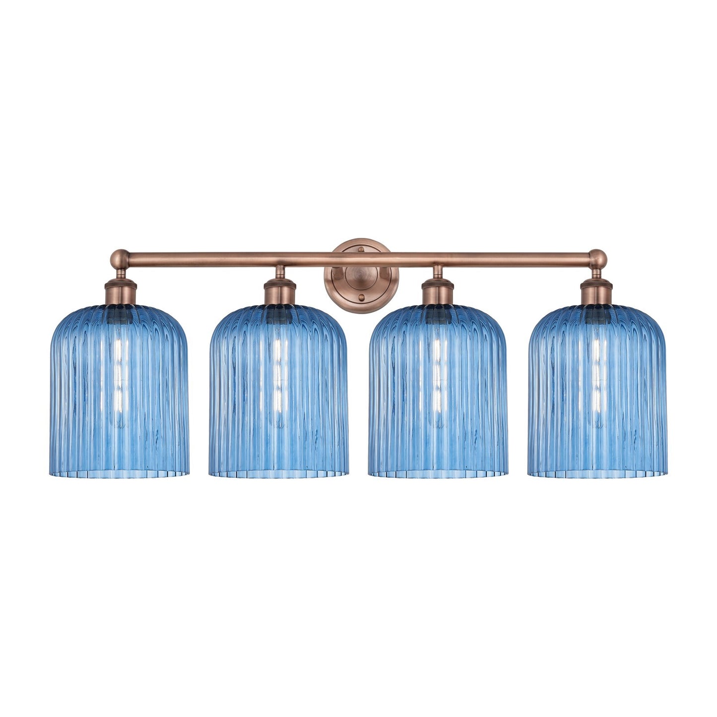 Innovations Bridal Veil 32in 4-Light Bath Vanity Light | Art Nouveau Antique Copper and Princess Blue Glass | Bathroom Vanity | Model 616-4W-AC-G559-8BL
