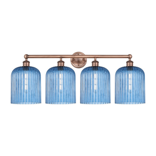 Innovations Bridal Veil 32in 4-Light Bath Vanity Light | Art Nouveau Antique Copper and Princess Blue Glass | Bathroom Vanity | Model 616-4W-AC-G559-8BL