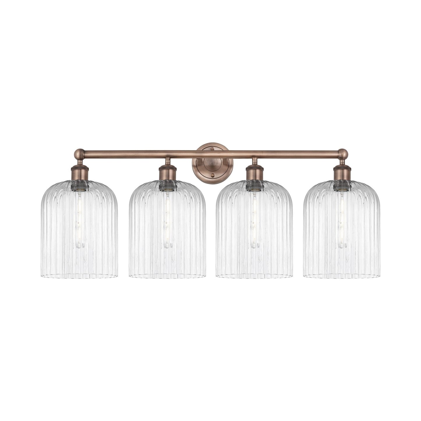 Innovations Bridal Veil 32in 4-Light Bath Vanity Light | Art Nouveau Industrial Antique Copper and Clear Ribbed Glass | Damp | Model 616-4W-AC-G559-8CL