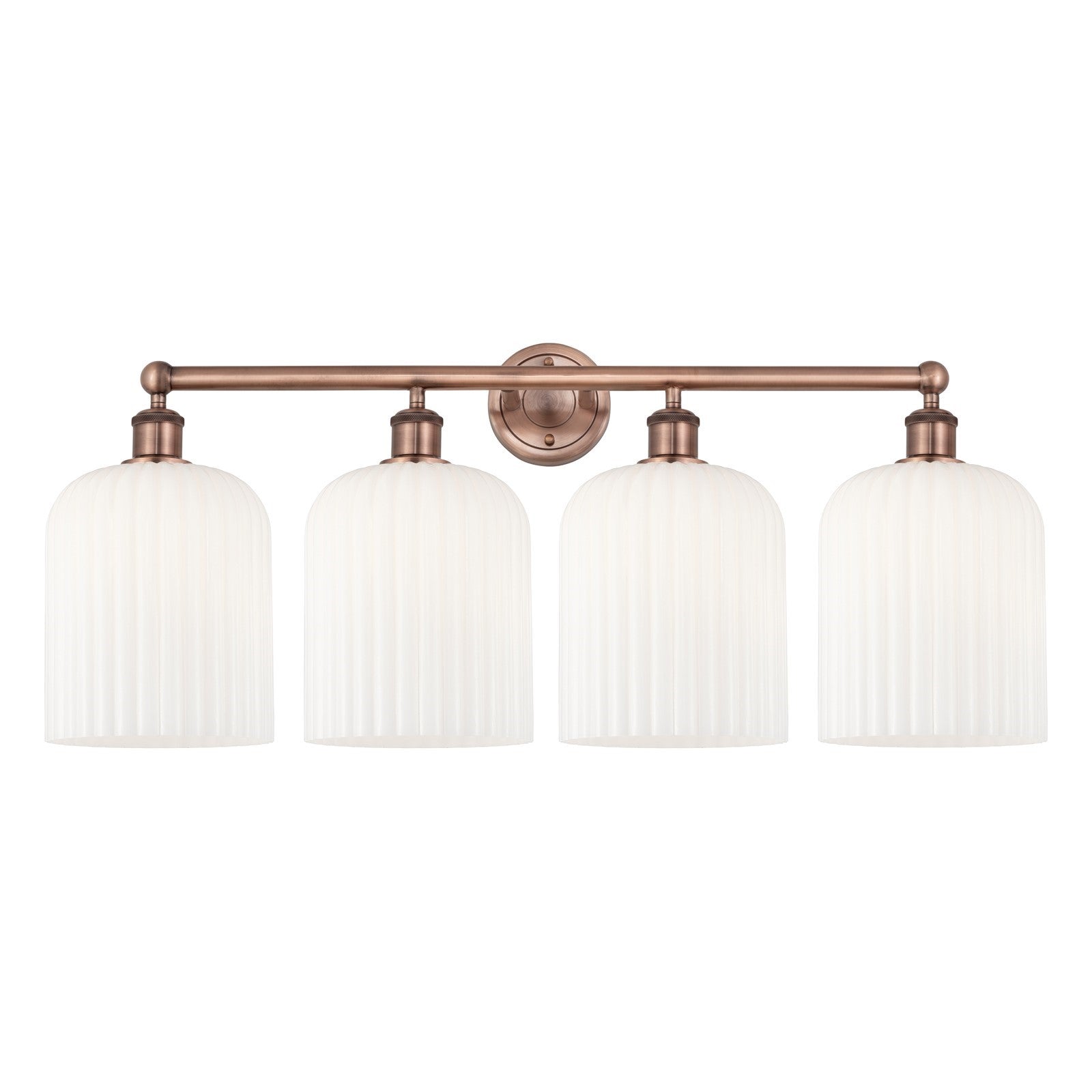 Innovations Bridal Veil 32in 4-Light Bath Vanity Light | Art Nouveau Antique Copper and Gloss White Ribbed Glass | Bathroom | Model 616-4W-AC-G559-8GWH