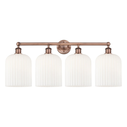 Innovations Bridal Veil 32in 4-Light Bath Vanity Light | Art Nouveau Antique Copper and Gloss White Ribbed Glass | Bathroom | Model 616-4W-AC-G559-8GWH