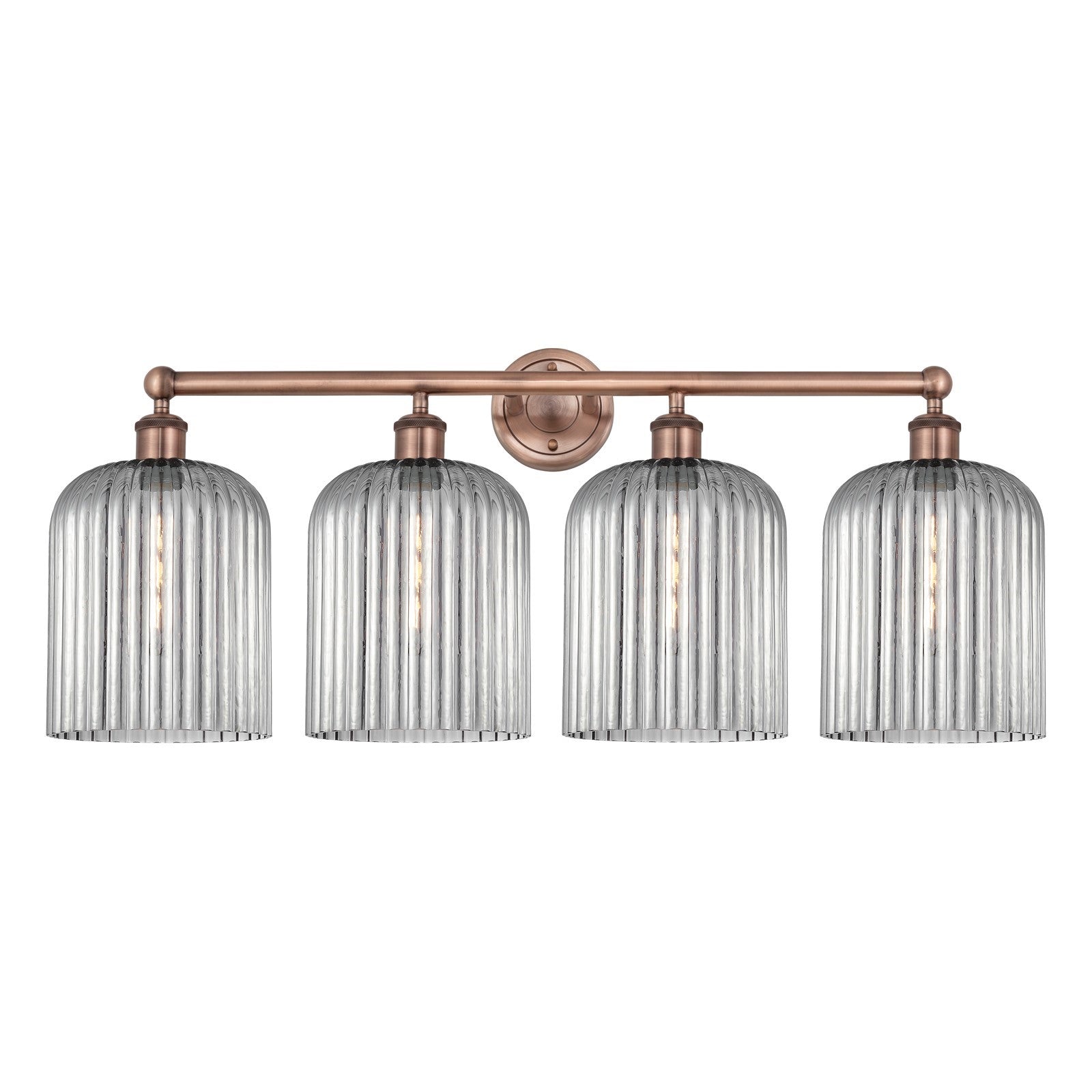 Innovations Bridal Veil 32in 4-Light Bath Vanity Light | Art Nouveau Industrial Antique Copper Steel and Light Smoke Ribbed | Model 616-4W-AC-G559-8SM