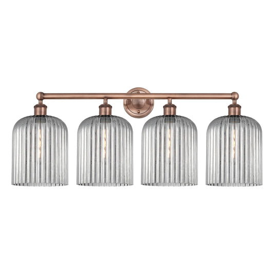 Innovations Bridal Veil 32in 4-Light Bath Vanity Light | Art Nouveau Industrial Antique Copper Steel and Light Smoke Ribbed | Model 616-4W-AC-G559-8SM