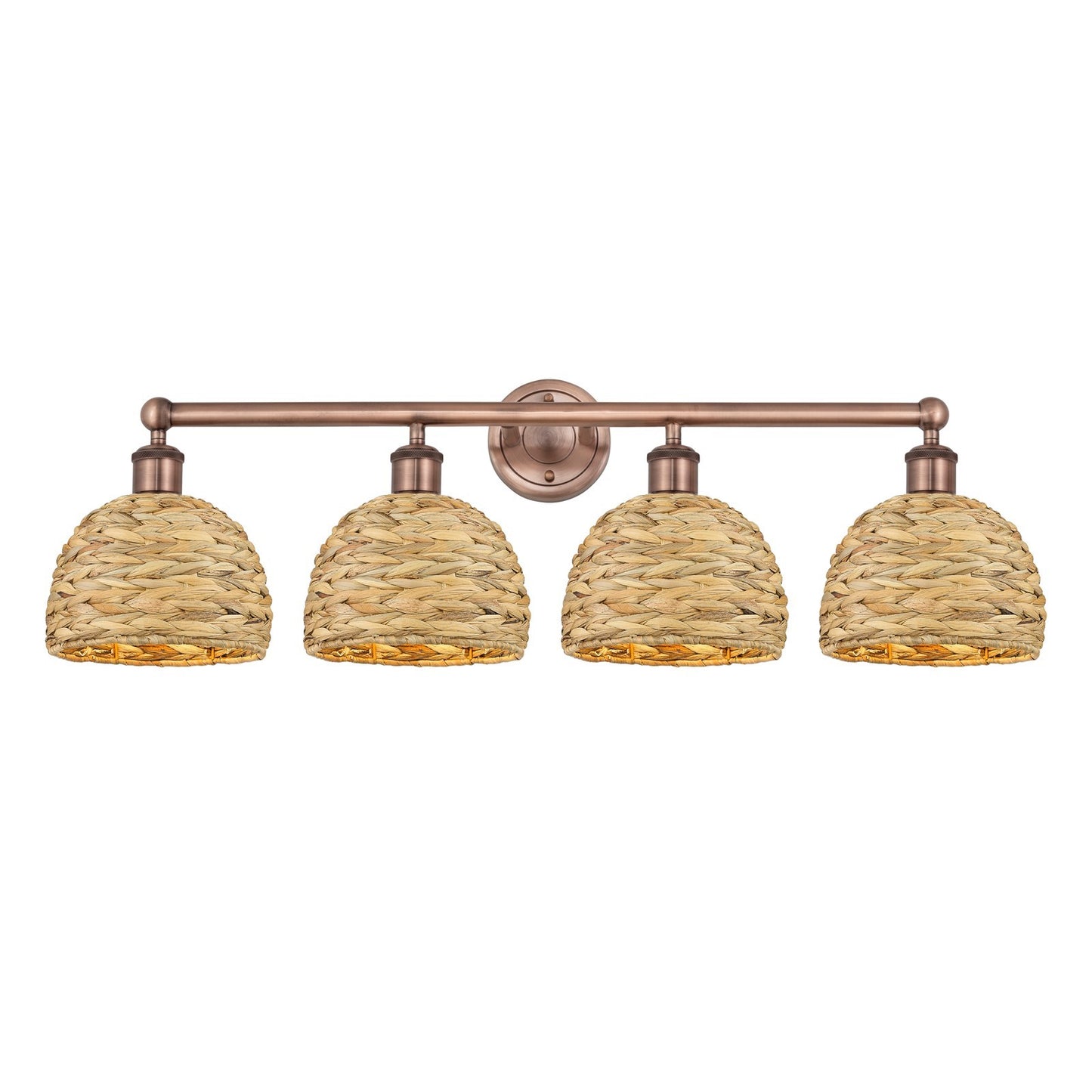 Innovations Woven Rattan 35in 4-Light Bath Vanity Light | Industrial Antique Copper Steel and Natural Fiber Shade | Bathroom | Model 616-4W-AC-RBD-8-NAT