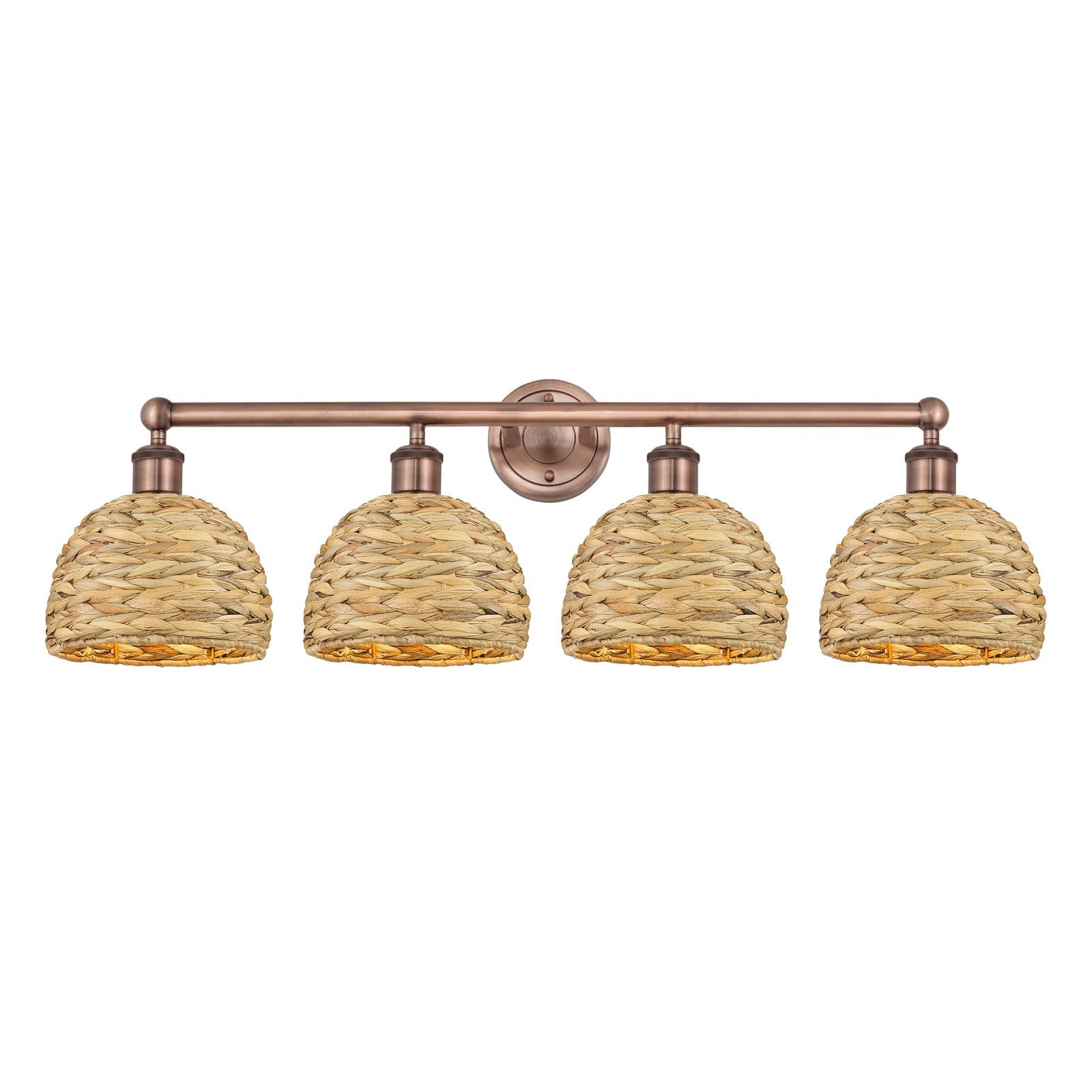 Innovations Woven Rattan 35in 4-Light Bath Vanity Light | Industrial Antique Copper Steel and Natural Fiber Shade | Bathroom | Model 616-4W-AC-RBD-8-NAT