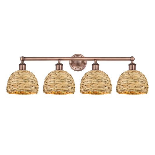 Innovations Woven Rattan 35in 4-Light Bath Vanity Light | Industrial Antique Copper Steel and Natural Fiber Shade | Bathroom | Model 616-4W-AC-RBD-8-NAT