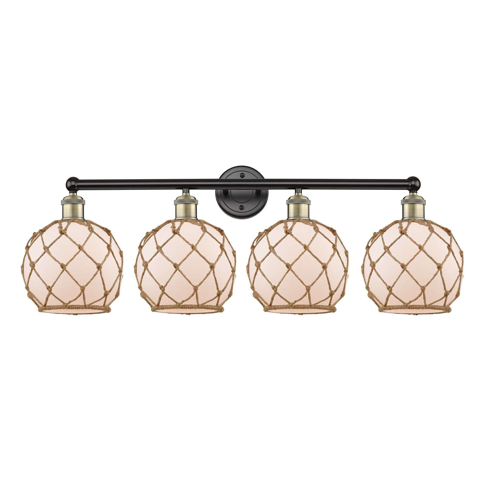 Innovations Farmhouse Rope 35in 4-Light Bath Vanity Light | Industrial Black Antique Brass and White Glass with Brown Rope | Model 616-4W-BAB-G121-8RB