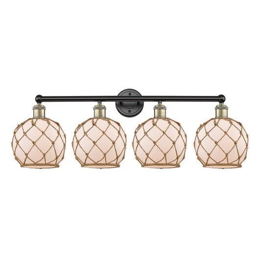 Innovations Farmhouse Rope 35in 4-Light Bath Vanity Light | Industrial Black Antique Brass and White Glass with Brown Rope | Model 616-4W-BAB-G121-8RB