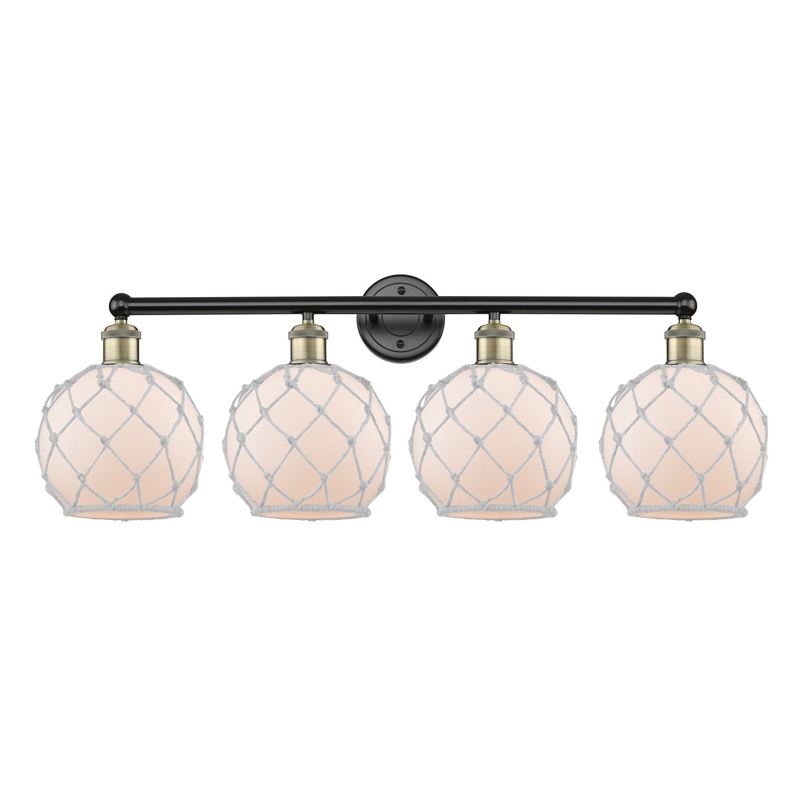 Innovations Farmhouse Rope 35in 4-Light Bath Vanity Light | Industrial Black Antique Brass and White Frosted Glass Rope Shade | Model 616-4W-BAB-G121-8RW