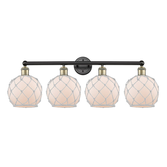 Innovations Farmhouse Rope 35in 4-Light Bath Vanity Light | Industrial Black Antique Brass and White Frosted Glass Rope Shade | Model 616-4W-BAB-G121-8RW