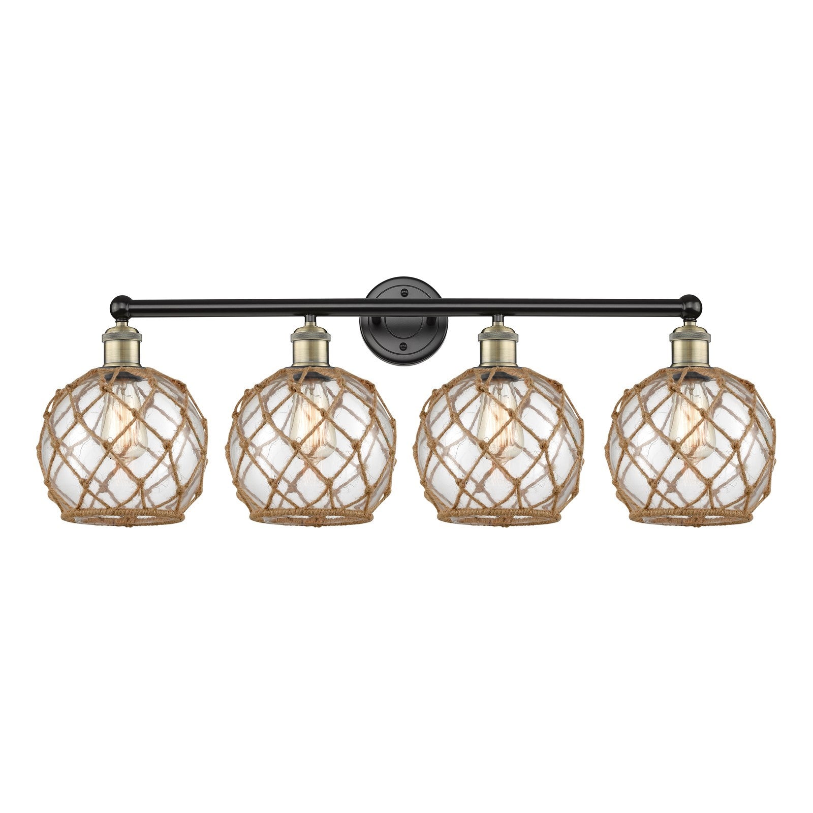 Innovations Farmhouse Rope 35in 4-Light Bath Vanity Light | Industrial Black Antique Brass and Clear Glass with Brown Rope | Model 616-4W-BAB-G122-8RB