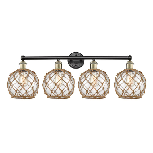 Innovations Farmhouse Rope 35in 4-Light Bath Vanity Light | Industrial Black Antique Brass and Clear Glass with Brown Rope | Model 616-4W-BAB-G122-8RB
