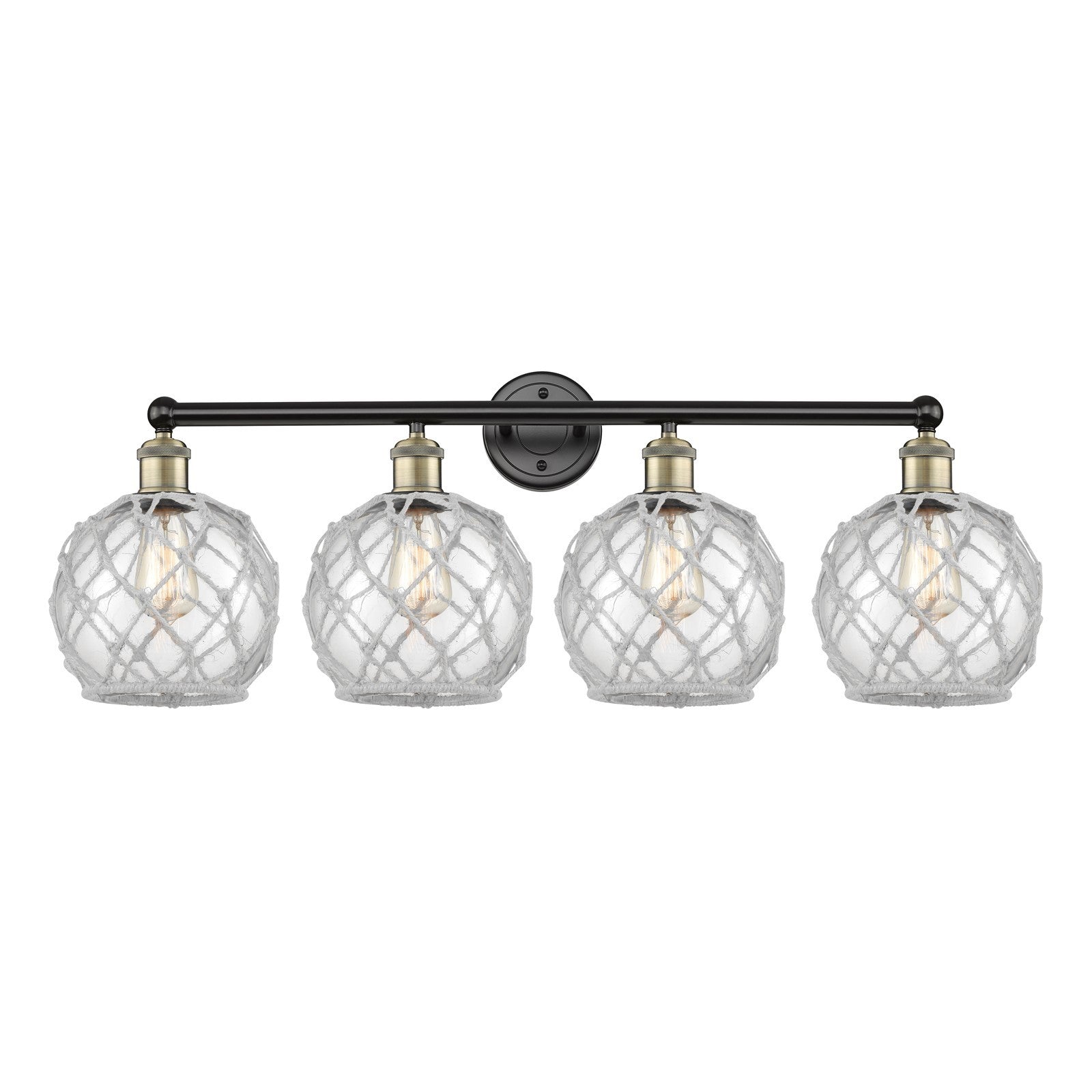 Innovations Farmhouse Rope 35in 4-Light Bath Vanity Light | Industrial Black Antique Brass and Clear Glass with White Rope | Model 616-4W-BAB-G122-8RW