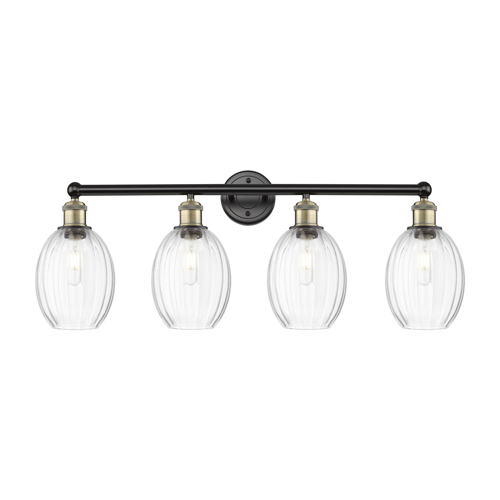 Innovations Preston Bulb 33in 4-Light Bath Vanity Light | Industrial Black Antique Brass and Clear Glass | Damp Rated Bathroom | Model 616-4W-BAB-G459-6CL