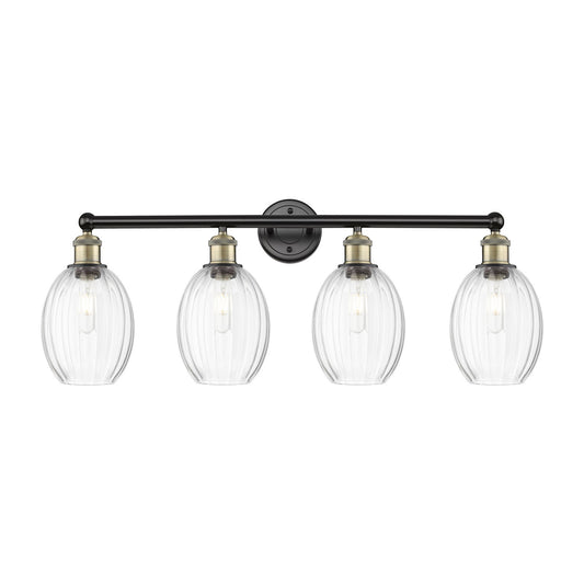 Innovations Preston Bulb 33in 4-Light Bath Vanity Light | Industrial Black Antique Brass and Clear Glass | Damp Rated Bathroom | Model 616-4W-BAB-G459-6CL