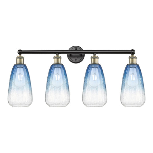 Innovations Brookhaven Almond 33in 4-Light Bath Vanity Light | Industrial Black Antique Brass and Sapphire Blue Glass | Model 616-4W-BAB-G480-6SB