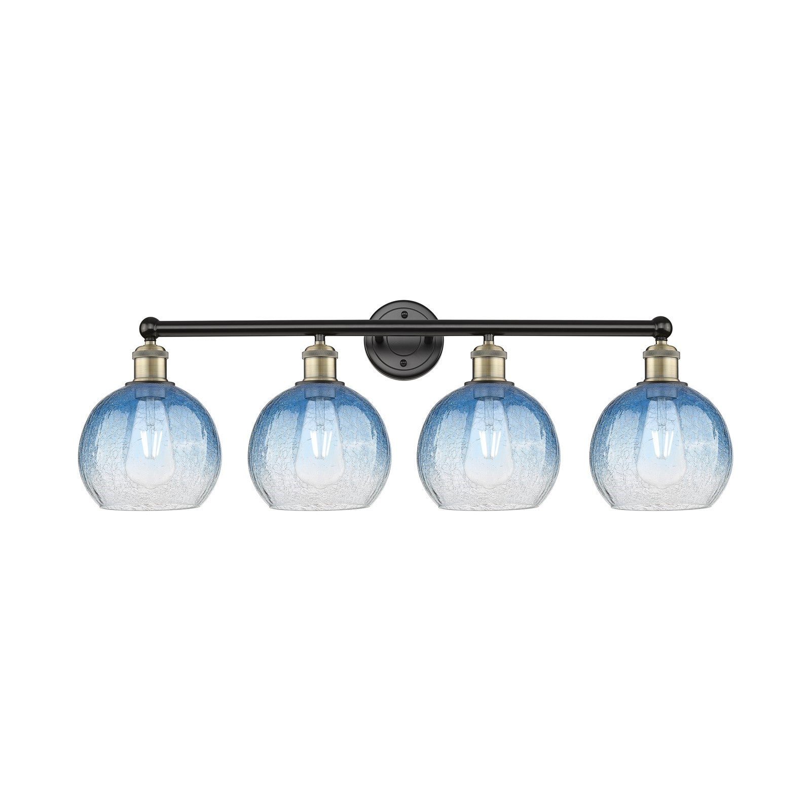 Innovations Brookhaven Globe 35in 4-Light Bath Vanity Light | Industrial Black Antique Brass and Sapphire Blue Glass | Model 616-4W-BAB-G483-8SB