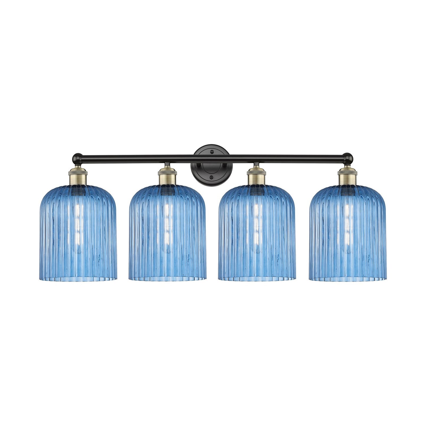 Innovations Bridal Veil 32in 4-Light Bath Vanity Light | Industrial Black Antique Brass and Princess Blue Ribbed Glass | Model 616-4W-BAB-G559-8BL