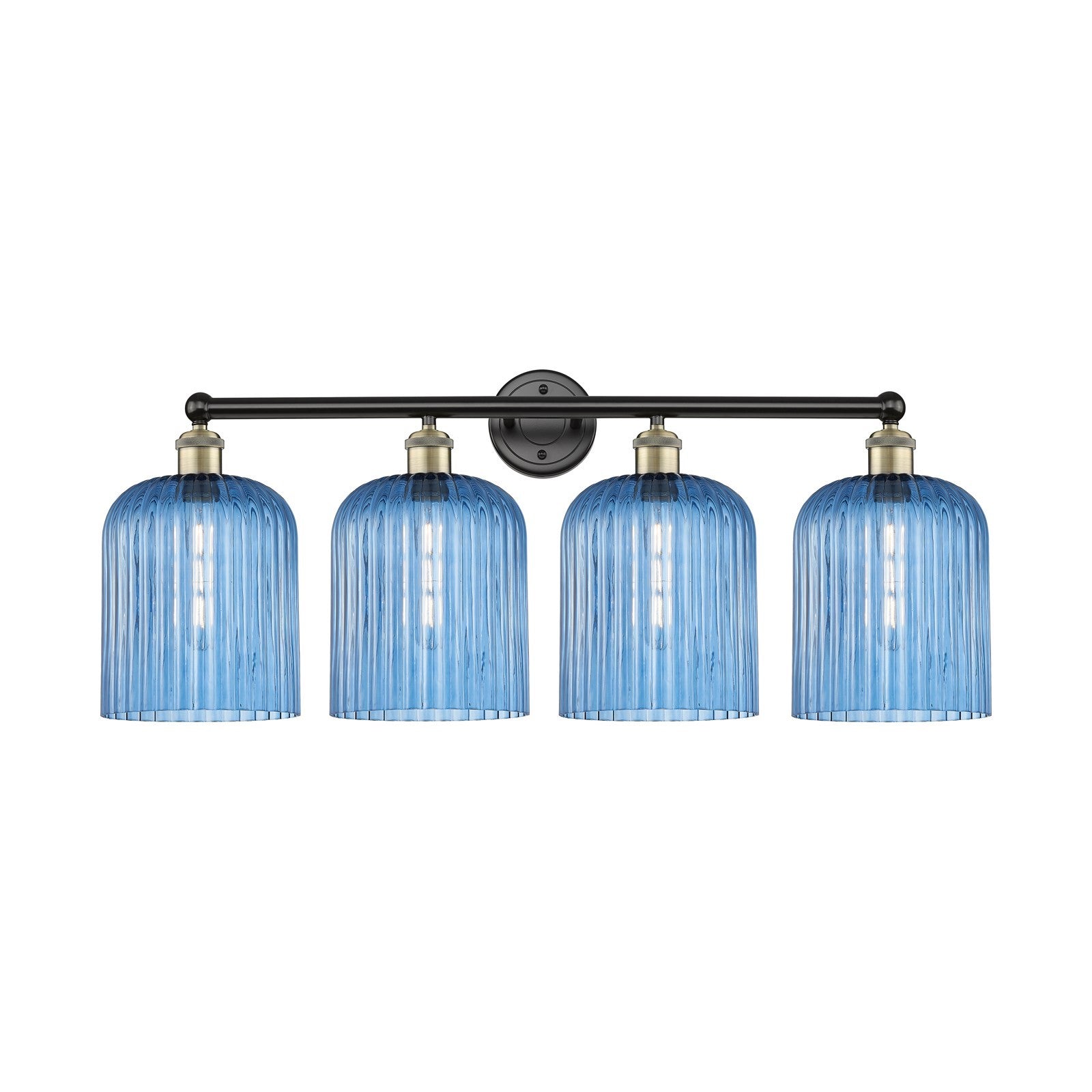 Innovations Bridal Veil 32in 4-Light Bath Vanity Light | Industrial Black Antique Brass and Princess Blue Ribbed Glass | Model 616-4W-BAB-G559-8BL