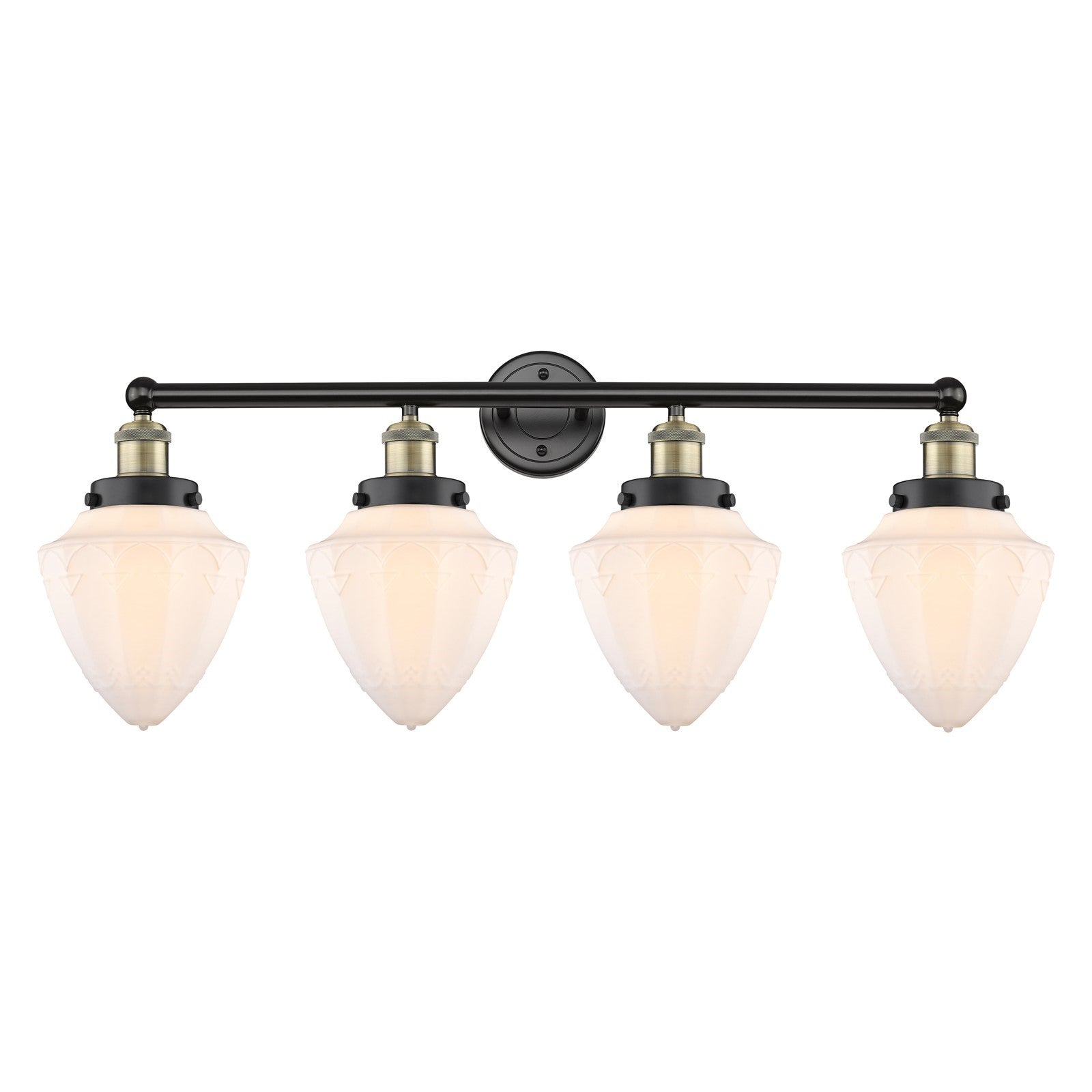 Innovations Bullet 34in 4-Light Bath Vanity | Industrial Black Antique Brass and Matte White Frosted Glass | Bathroom Vanity | Model 616-4W-BAB-G661-7