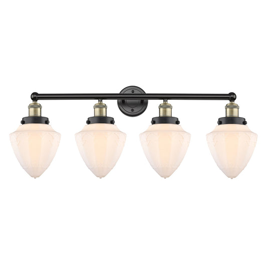 Innovations Bullet 34in 4-Light Bath Vanity | Industrial Black Antique Brass and Matte White Frosted Glass | Bathroom Vanity | Model 616-4W-BAB-G661-7