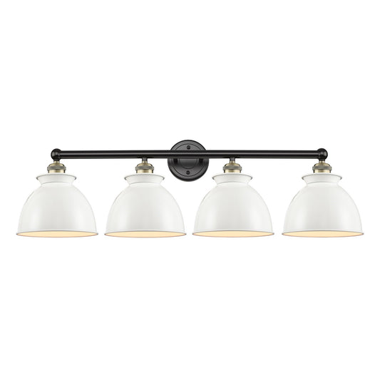 Innovations Adirondack 35in 4-Light Bath Vanity | Industrial Farmhouse Black Antique Brass Steel and Glossy White Metal Shade | Model 616-4W-BAB-M14-W