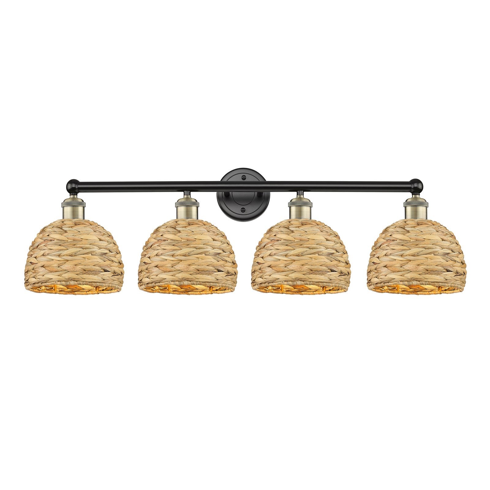 Innovations Woven Rattan 35in 4-Light Bath Vanity Light | Industrial Black Antique Brass and Natural Fiber Shade | Bathroom | Model 616-4W-BAB-RBD-8-NAT