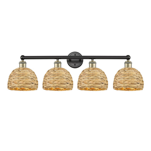 Innovations Woven Rattan 35in 4-Light Bath Vanity Light | Industrial Black Antique Brass and Natural Fiber Shade | Bathroom | Model 616-4W-BAB-RBD-8-NAT