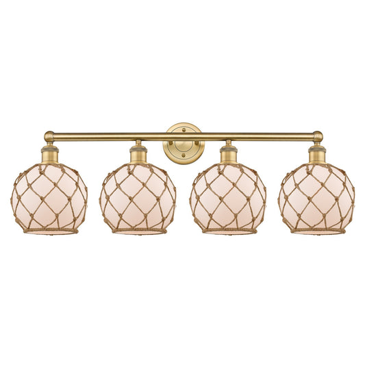 Innovations Farmhouse Rope 35in 4-Light Bath Vanity | Industrial Brushed Brass Steel and White Frosted Glass with Brown Rope | Model 616-4W-BB-G121-8RB