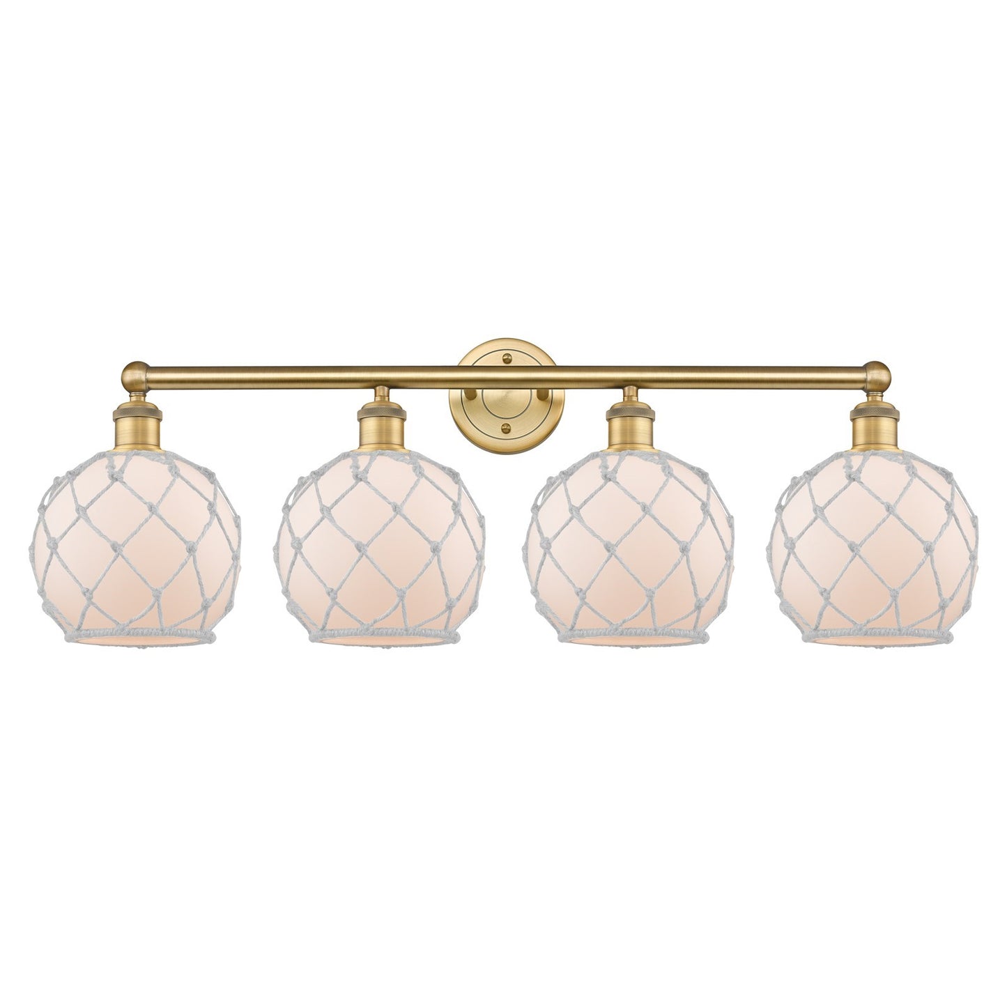 Innovations Farmhouse Rope 35in 4-Light Bath Vanity Light | Industrial Brushed Brass Steel and White Frosted Glass with Rope | Model 616-4W-BB-G121-8RW