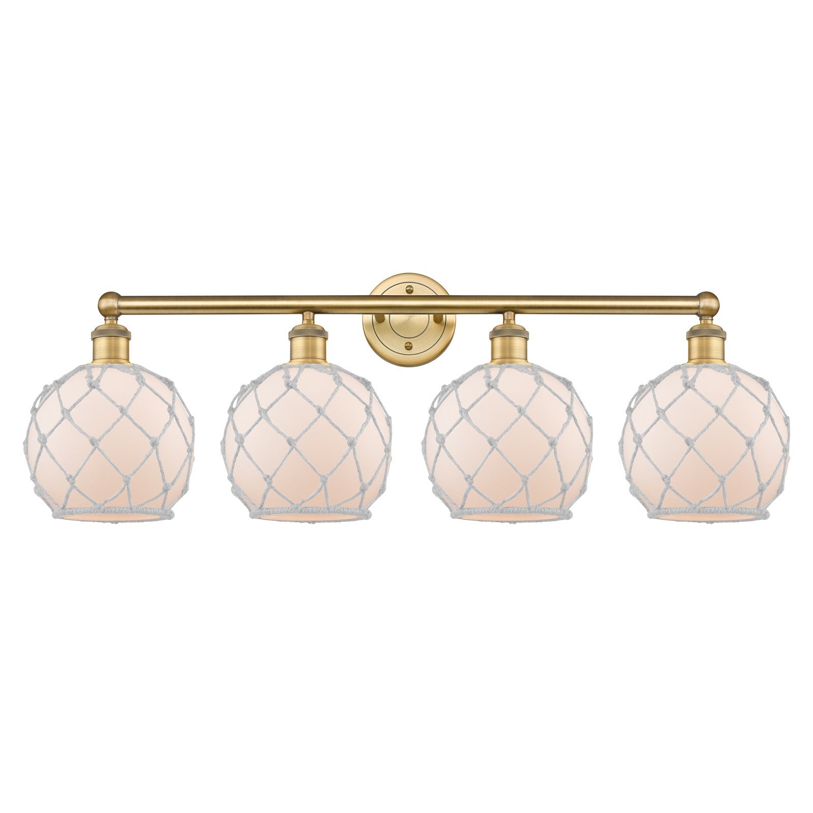 Innovations Farmhouse Rope 35in 4-Light Bath Vanity Light | Industrial Brushed Brass Steel and White Frosted Glass with Rope | Model 616-4W-BB-G121-8RW