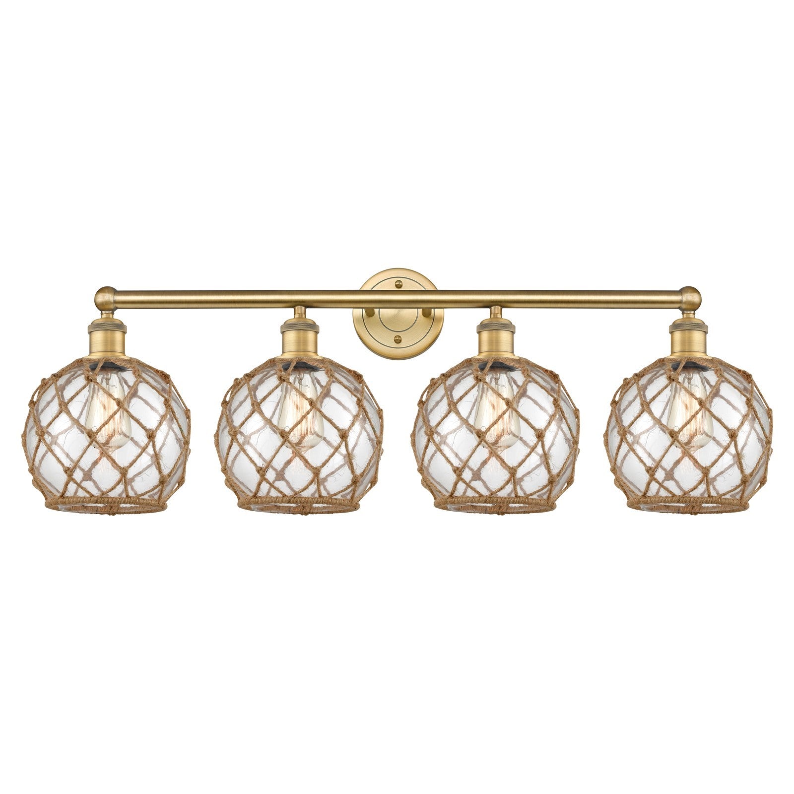 Innovations Farmhouse Rope 35in 4-Light Bath Vanity Light | Industrial Brushed Brass Steel and Clear Glass with Brown Rope | Model 616-4W-BB-G122-8RB
