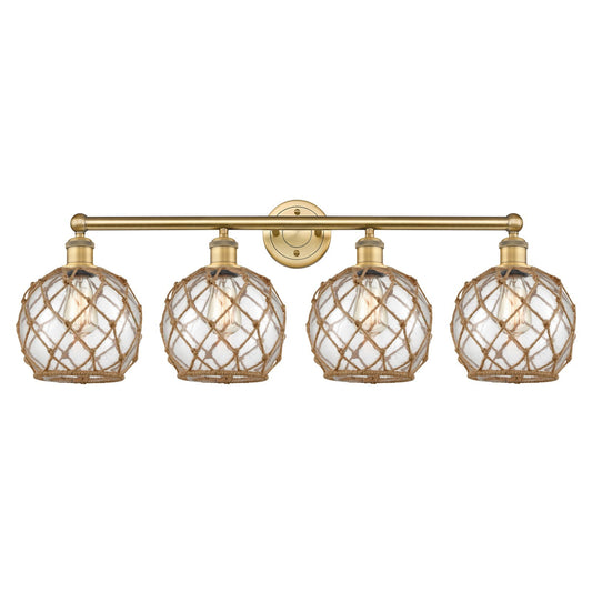 Innovations Farmhouse Rope 35in 4-Light Bath Vanity Light | Industrial Brushed Brass Steel and Clear Glass with Brown Rope | Model 616-4W-BB-G122-8RB