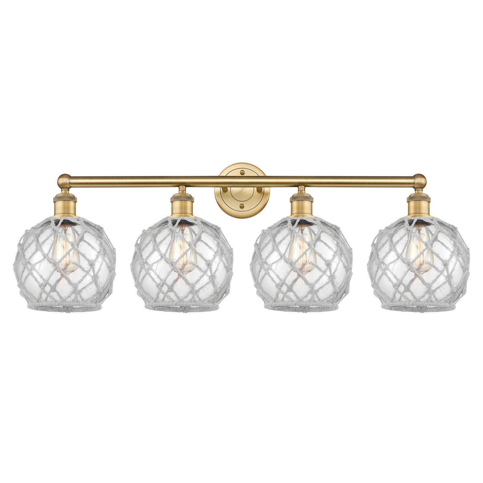 Innovations Farmhouse Rope 35in 4-Light Bath Vanity | Industrial Brushed Brass Steel and Clear Glass with White Rope | Bathroom | Model 616-4W-BB-G122-8RW