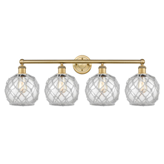 Innovations Farmhouse Rope 35in 4-Light Bath Vanity | Industrial Brushed Brass Steel and Clear Glass with White Rope | Bathroom | Model 616-4W-BB-G122-8RW