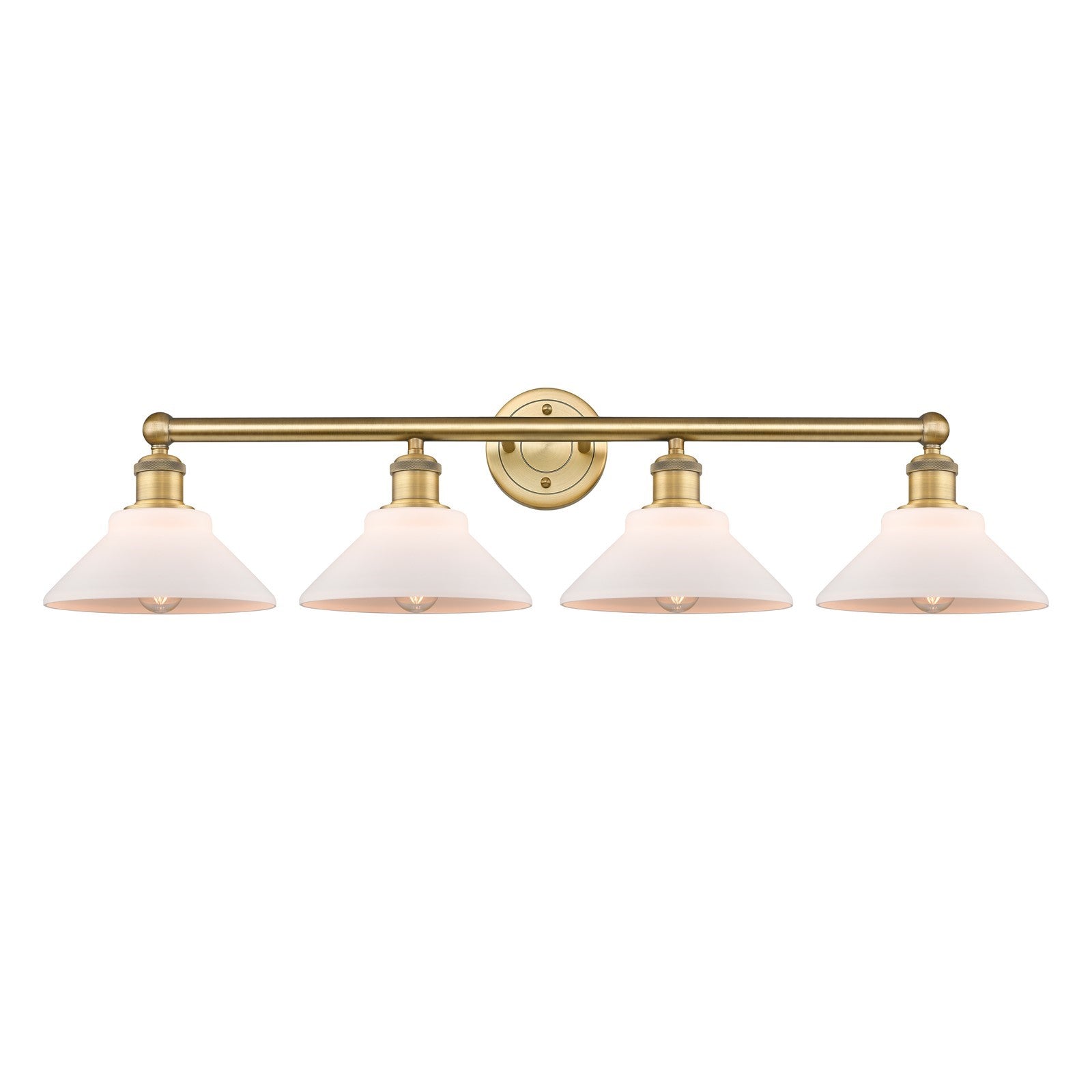 Innovations Orwell 35in 4-Light Bath Vanity Light | Industrial Brushed Brass Steel and Matte White Glass | Bathroom Vanity | 35.38 | Model 616-4W-BB-G131