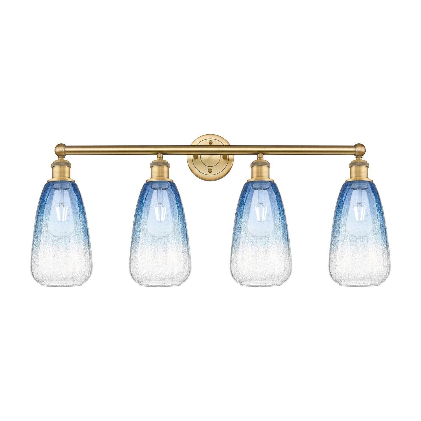 Innovations Brookhaven Almond 33in 4-Light Bath Vanity Light | Industrial Brushed Brass Steel and Sapphire Blue Glass | Model 616-4W-BB-G480-6SB