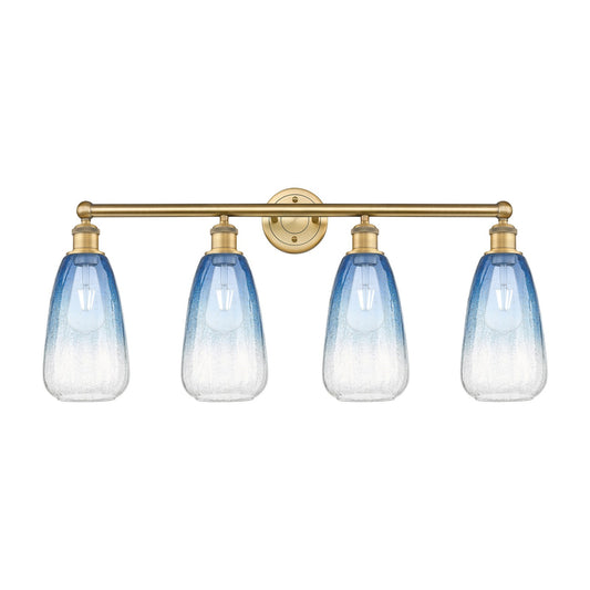 Innovations Brookhaven Almond 33in 4-Light Bath Vanity Light | Industrial Brushed Brass Steel and Sapphire Blue Glass | Model 616-4W-BB-G480-6SB
