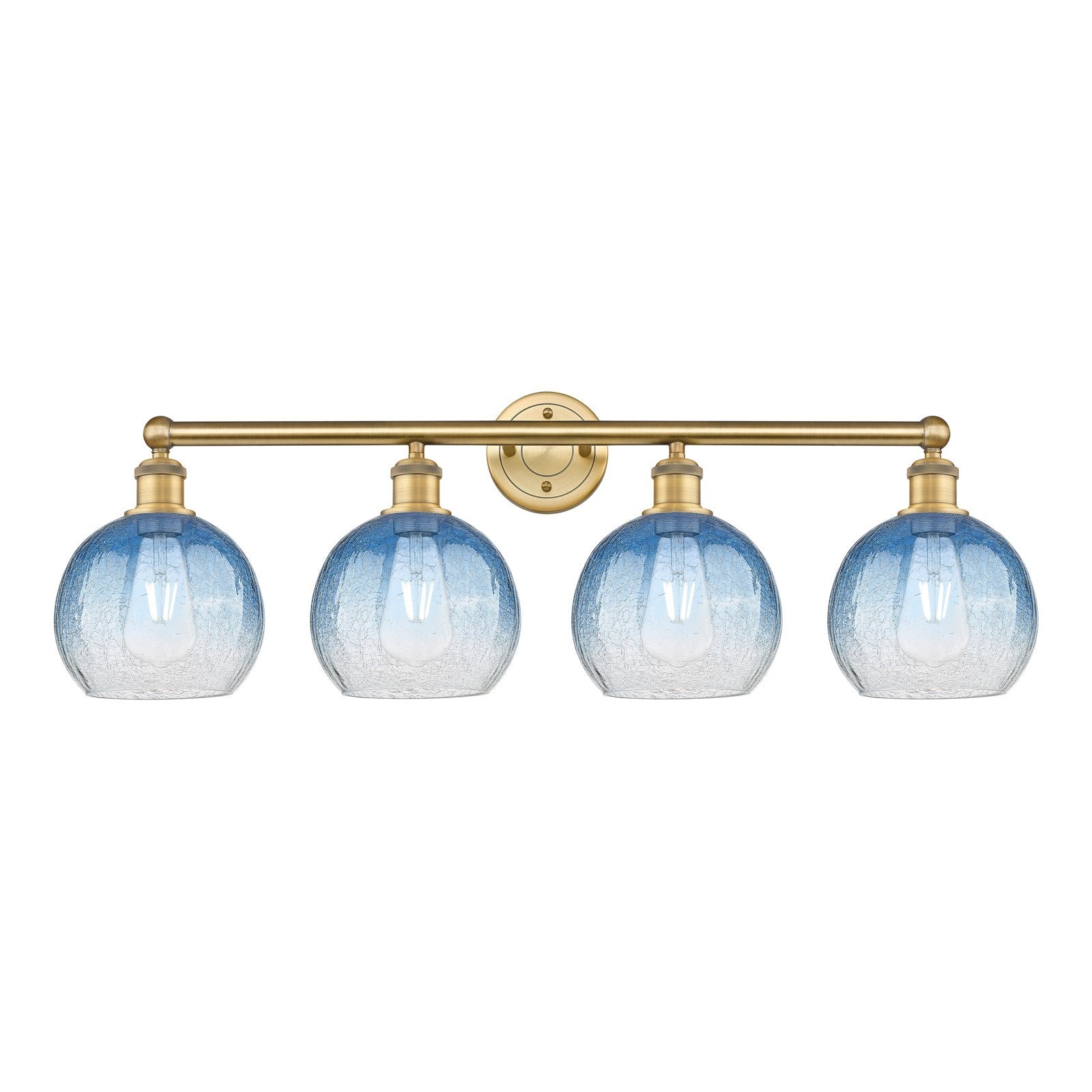 Innovations Brookhaven Globe 35in 4-Light Bath Vanity Light | Industrial Brushed Brass and Sapphire Blue Glass | Bathroom | Model 616-4W-BB-G483-8SB