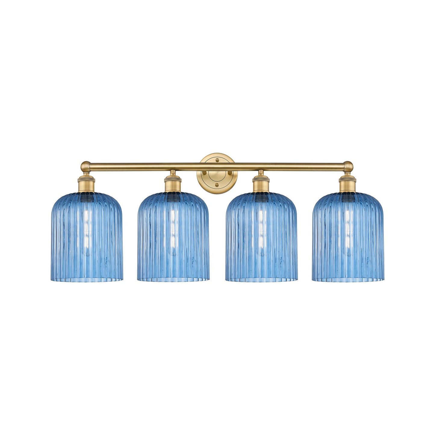 Innovations Bridal Veil 32in 4-Light Bath Vanity | Art Nouveau Brushed Brass Steel and Princess Blue Ribbed Glass | Bathroom & | Model 616-4W-BB-G559-8BL