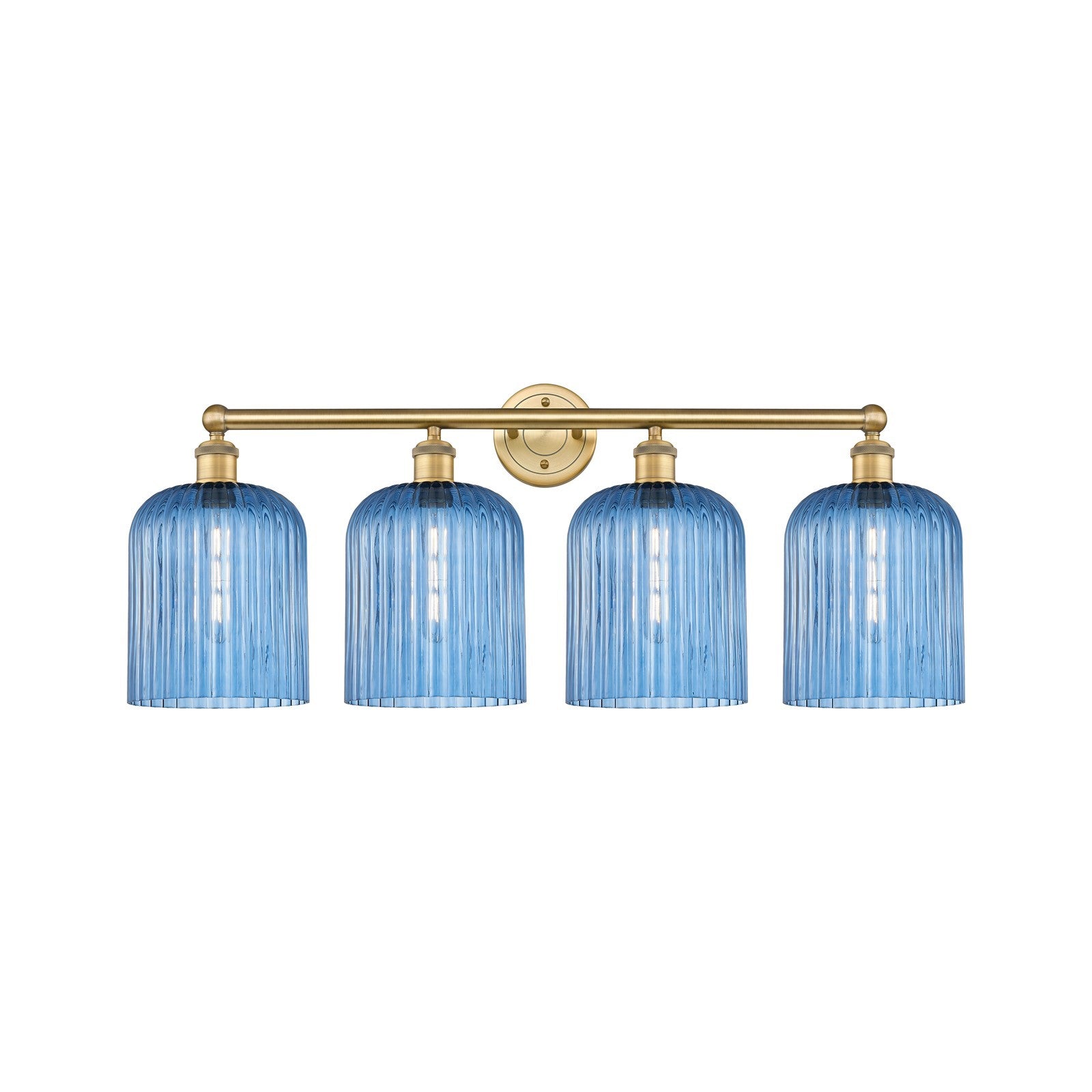 Innovations Bridal Veil 32in 4-Light Bath Vanity | Art Nouveau Brushed Brass Steel and Princess Blue Ribbed Glass | Bathroom & | Model 616-4W-BB-G559-8BL