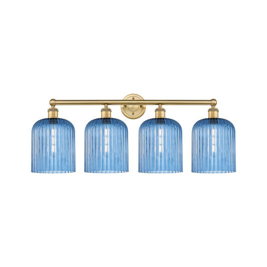 Innovations Bridal Veil 32in 4-Light Bath Vanity | Art Nouveau Brushed Brass Steel and Princess Blue Ribbed Glass | Bathroom & | Model 616-4W-BB-G559-8BL