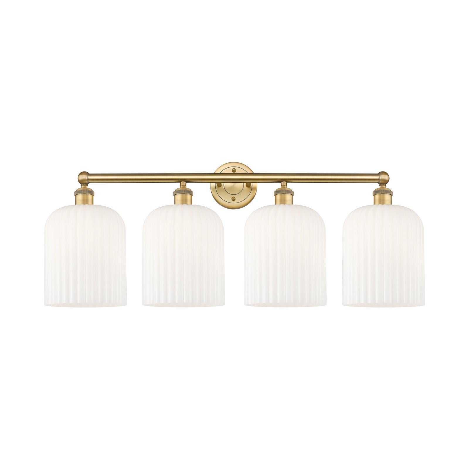 Innovations Bridal Veil 32in 4-Light Bath Vanity Light | Art Nouveau Brushed Brass and Gloss White Ribbed Glass | Bathroom | Model 616-4W-BB-G559-8GWH