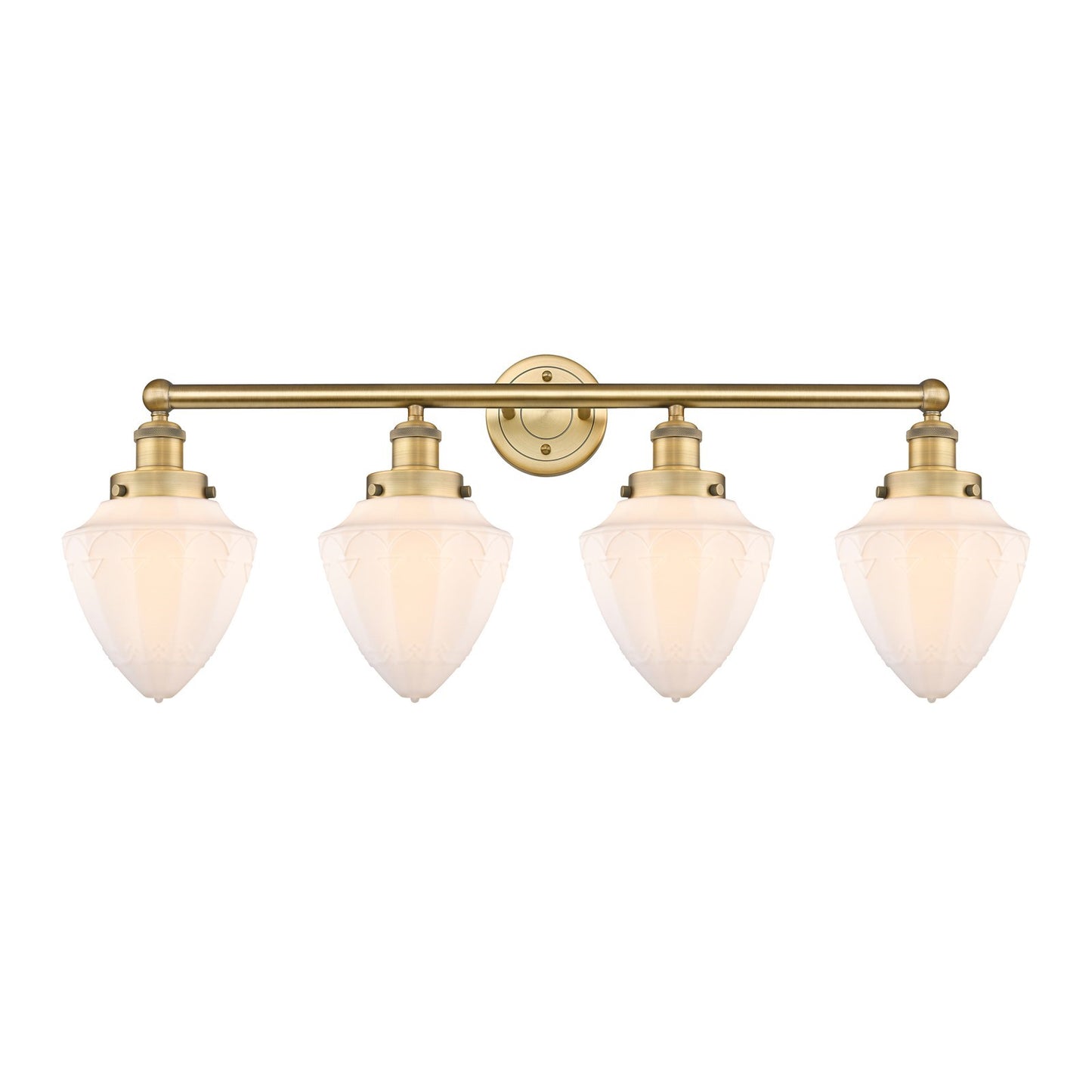 Innovations Bullet 34in 4-Light Bath Vanity Light | Industrial Brushed Brass Steel and Matte White Frosted Glass | Kitchen & | Model 616-4W-BB-G661-7