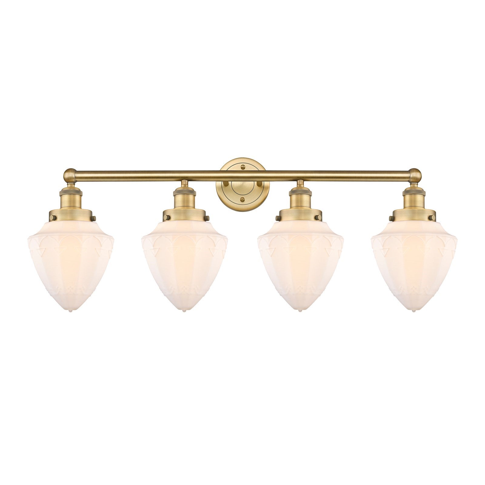 Innovations Bullet 34in 4-Light Bath Vanity Light | Industrial Brushed Brass Steel and Matte White Frosted Glass | Kitchen & | Model 616-4W-BB-G661-7