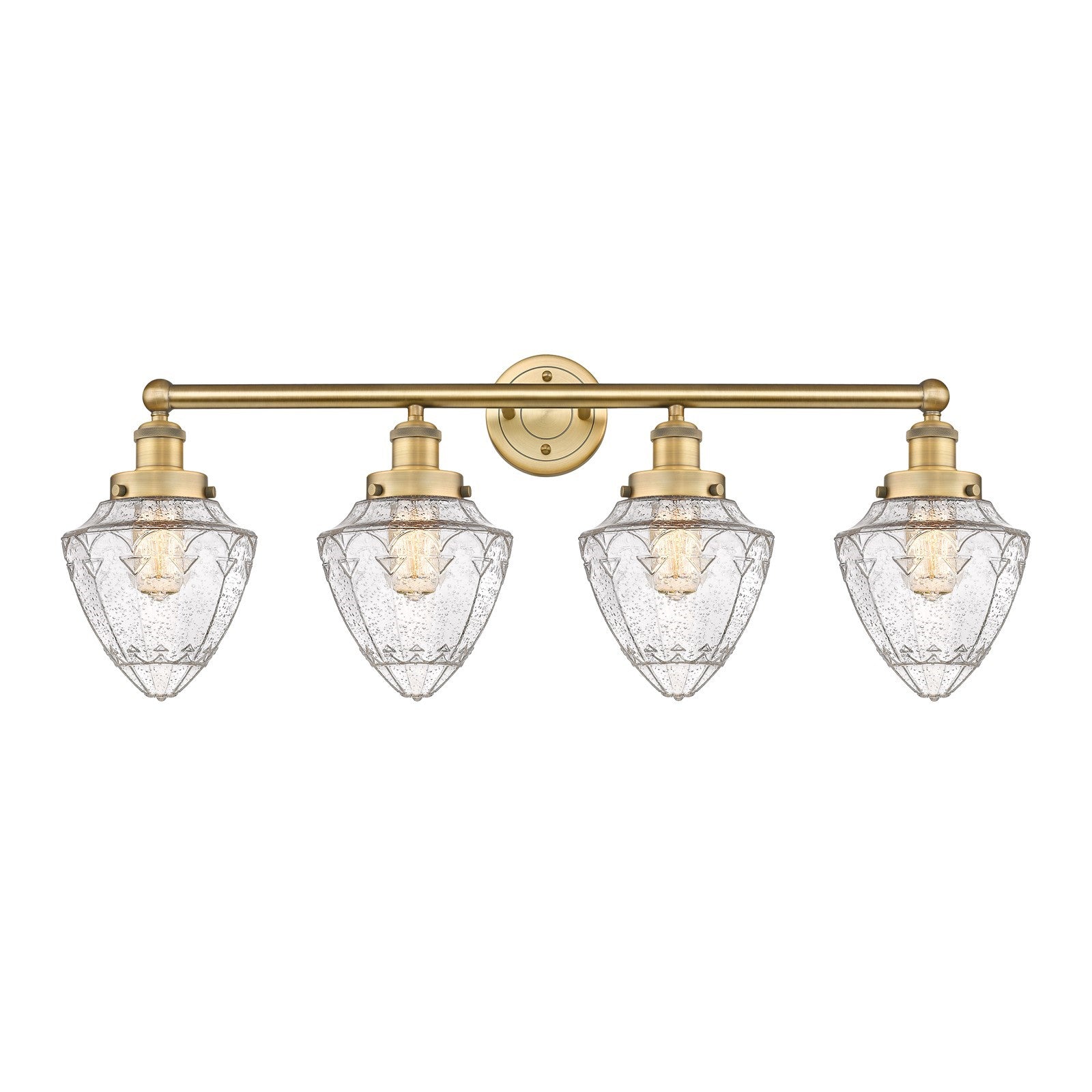 Innovations Bullet 33in 4-Light Bath Vanity Light | Industrial Brushed Brass Steel and Seedy Glass | Kitchen Island & Bathroom | Model 616-4W-BB-G664-7