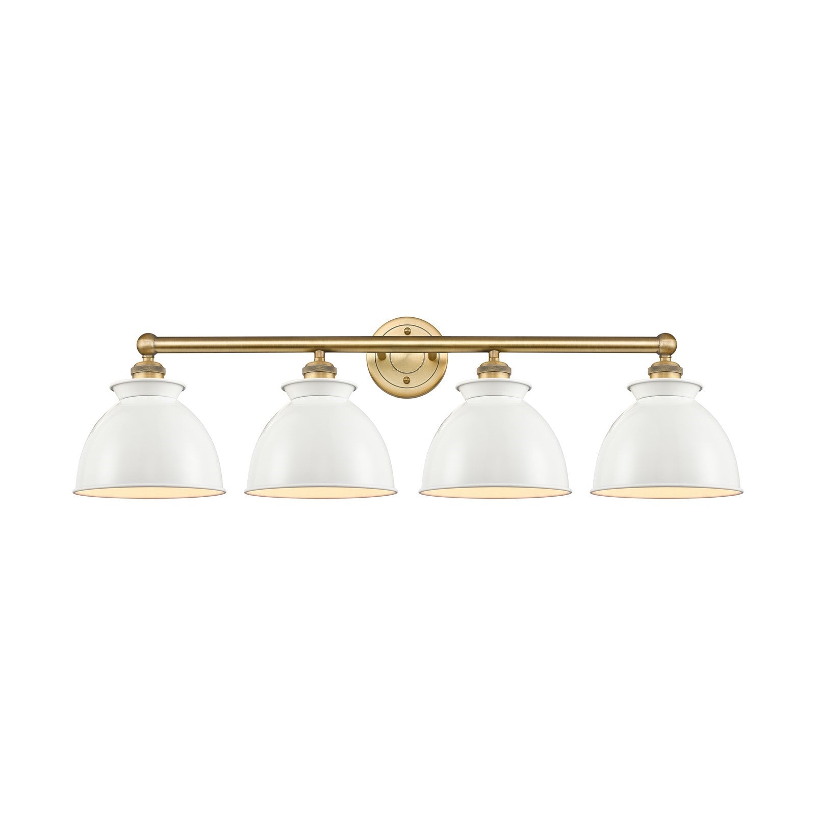 Innovations Adirondack 35in 4-Light Bath Vanity | Industrial Farmhouse Brushed Brass and Glossy White Metal Shade | Bathroom | Model 616-4W-BB-M14-W